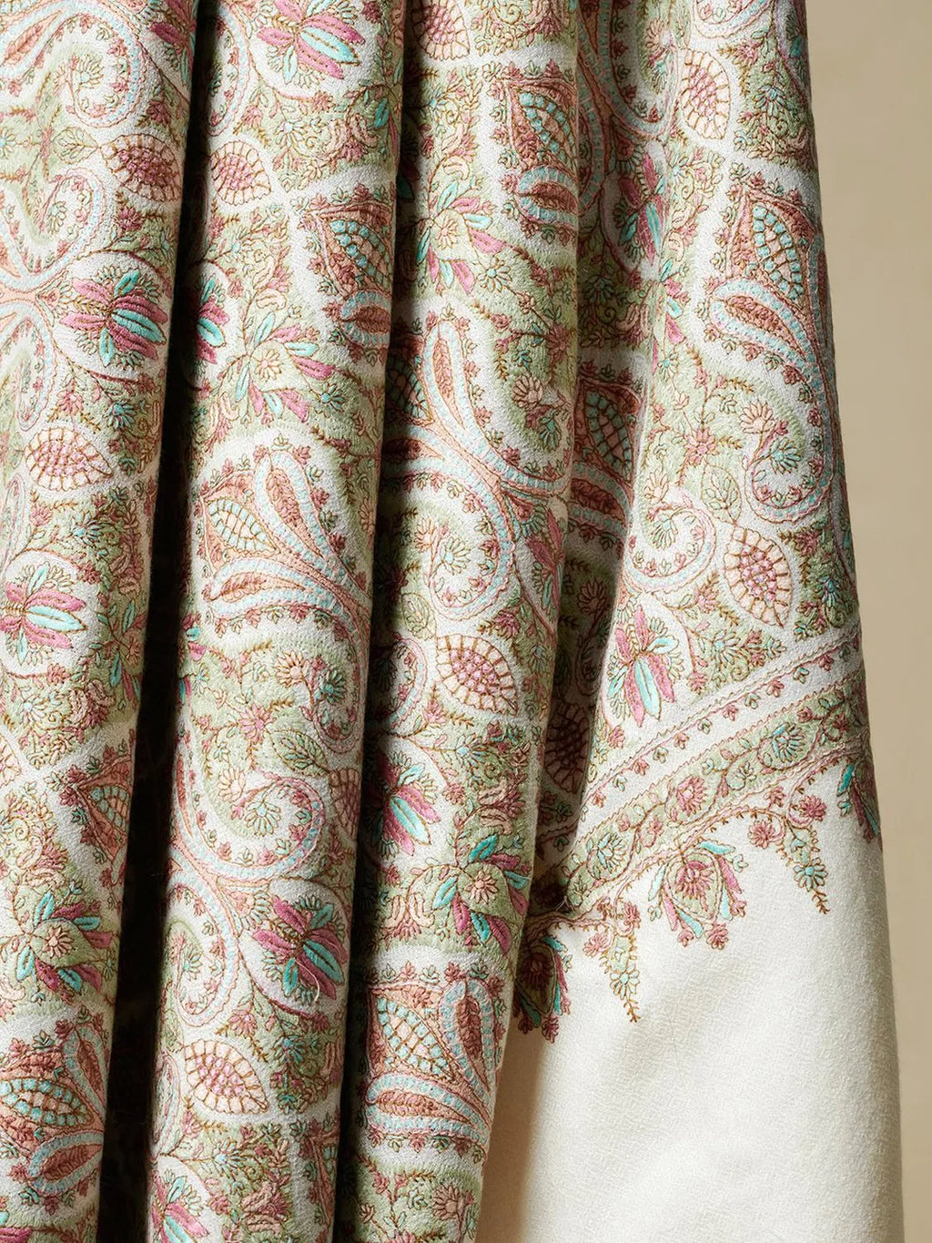 Classic Shawl Wool Blend with Jamawaar Pattern in Beige