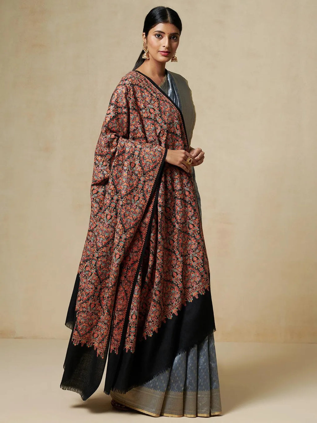 Classic Shawl Wool Blend with Jamawaar Pattern in Black (Multi)