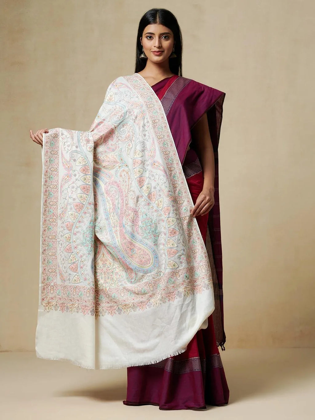 Classic Shawl Wool Blend with Jamawaar Pattern in White