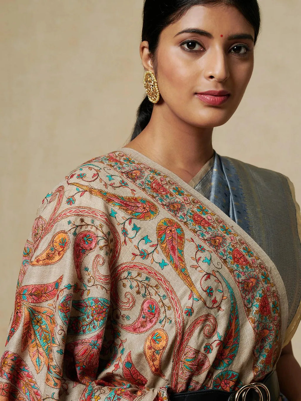 Classic Shawl Wool Blend with Jamawaar Pattern in Beige