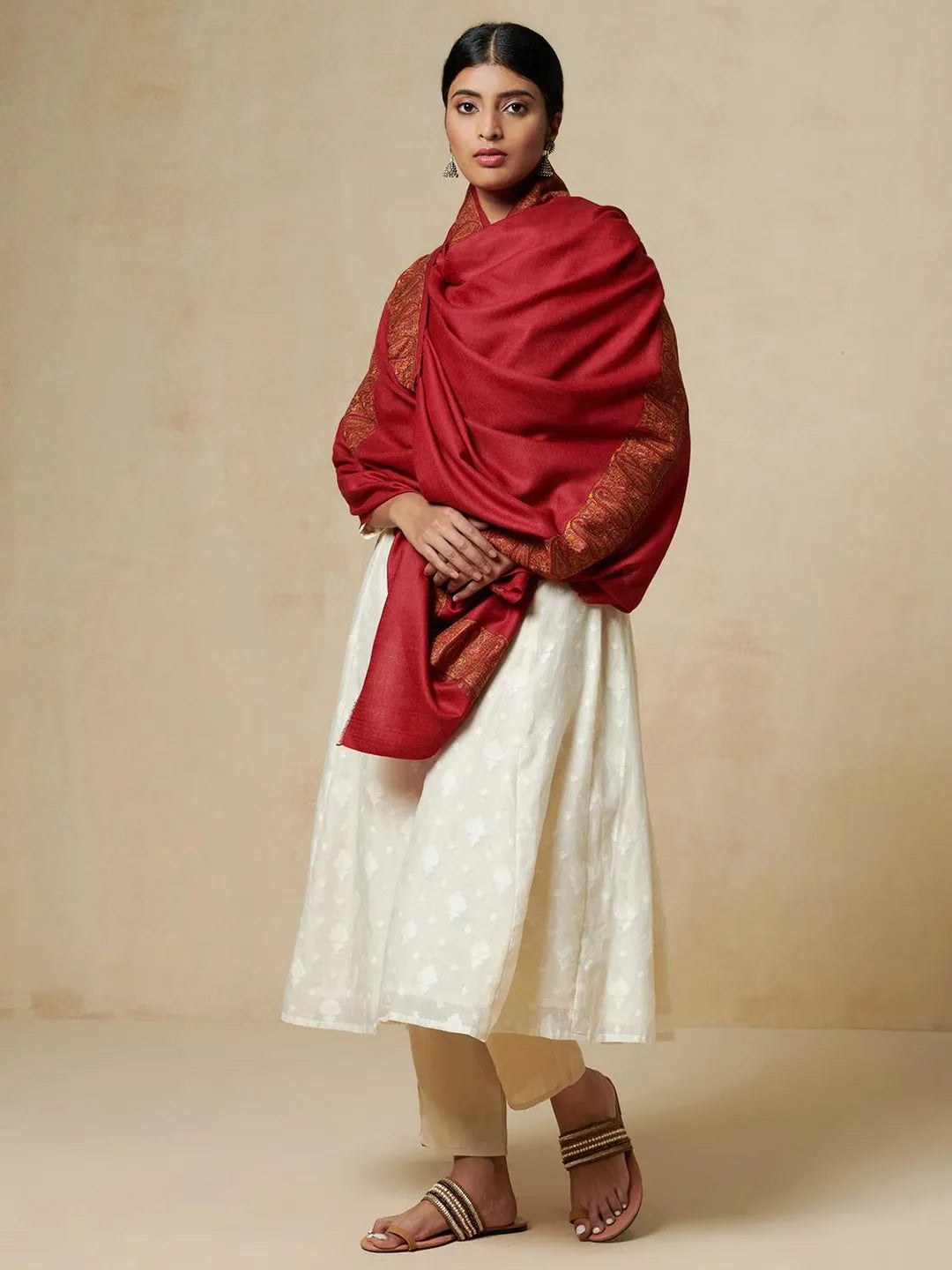 Classic Shawl Wool Blend with Jamawaar Pattern in Red