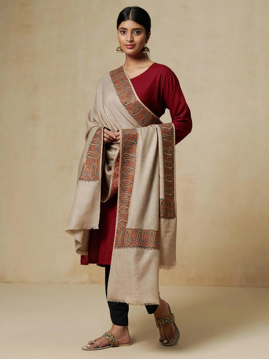 Classic Shawl Wool Blend with Jamawaar Pattern in Beige