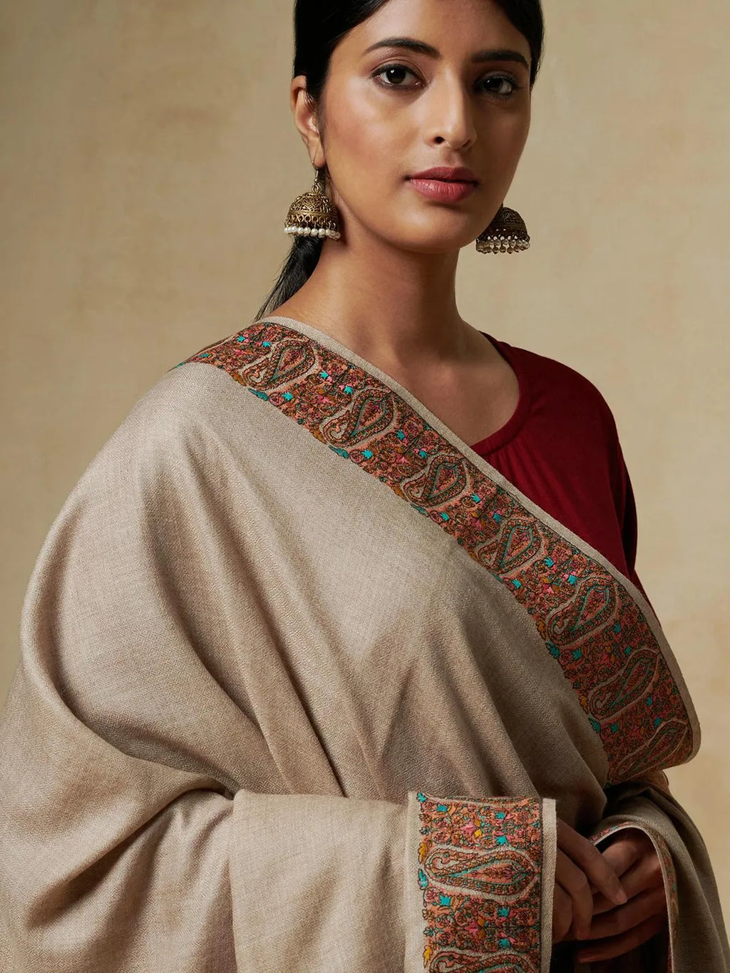 Classic Shawl Wool Blend with Jamawaar Pattern in Beige