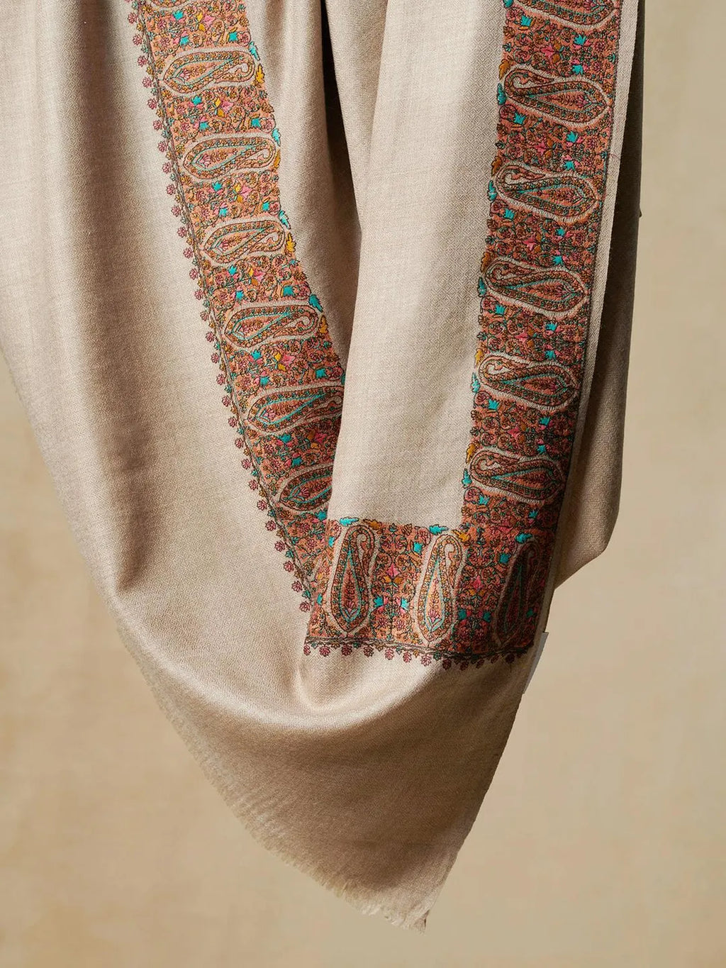 Classic Shawl Wool Blend with Jamawaar Pattern in Beige