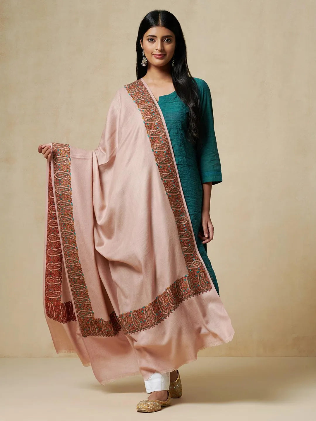 Elegant Shawl Wool Blend with Jamawaar Pattern in Peach