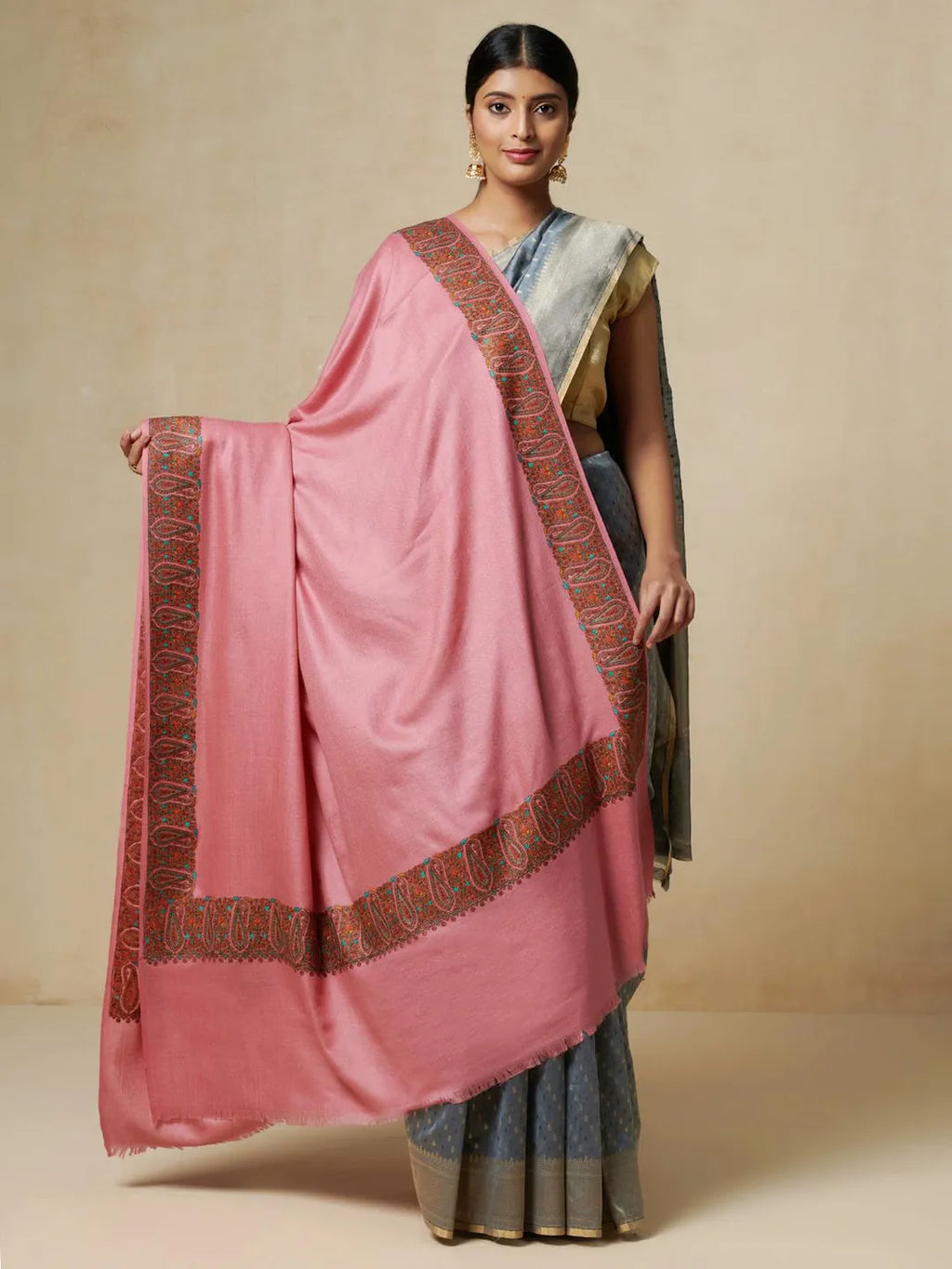 Elegant Shawl Wool Blend with Jamawaar Pattern in Pink