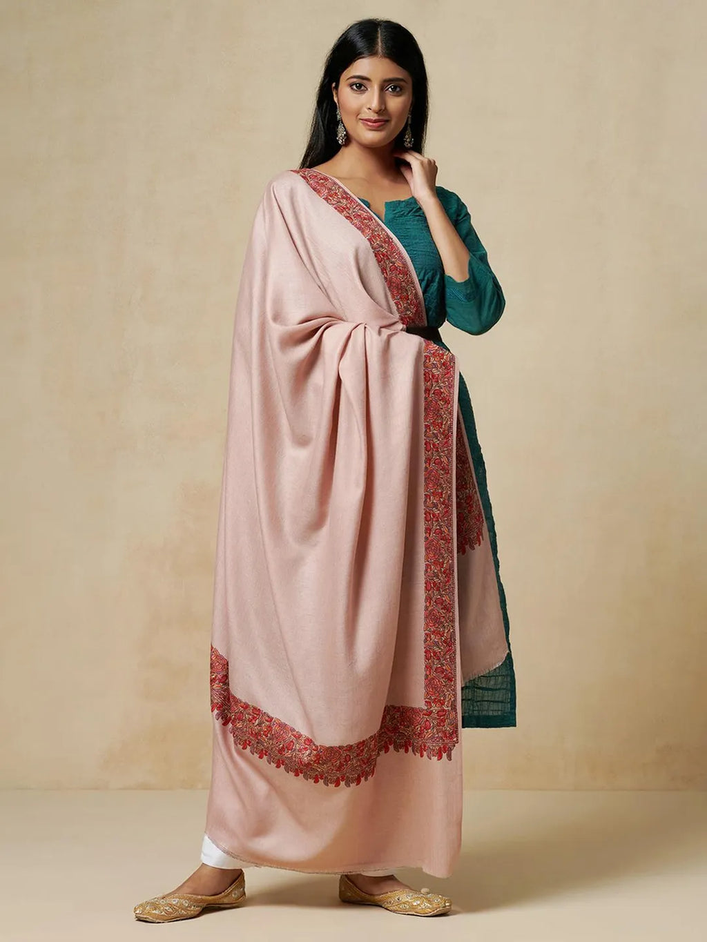 Elegant Shawl Wool Blend with Jamawaar Pattern in Peach