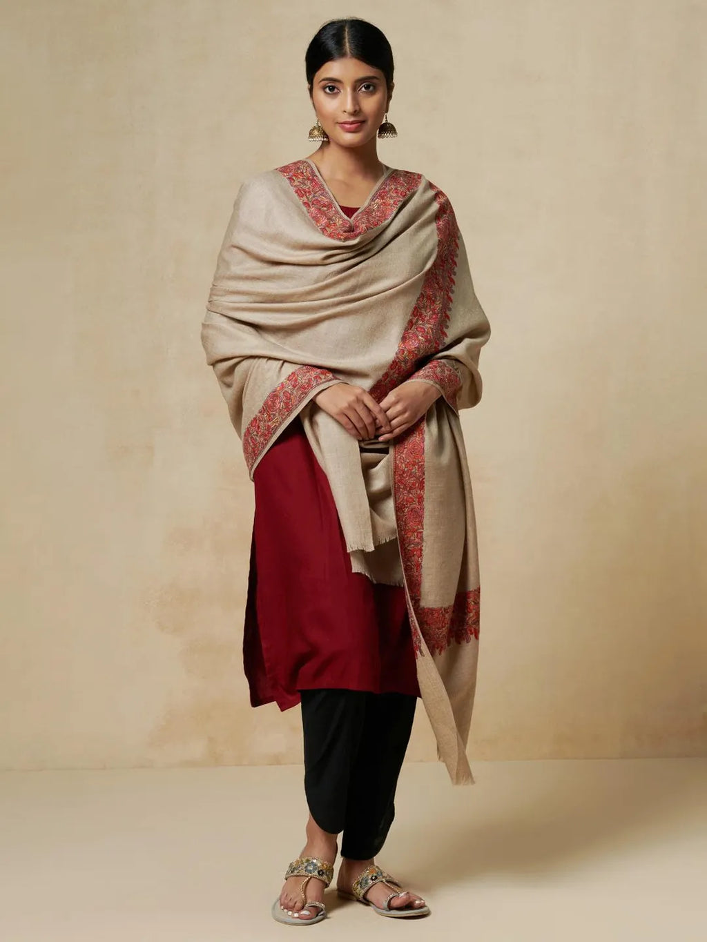 Classic Shawl Wool Blend with Jamawaar Pattern in Beige