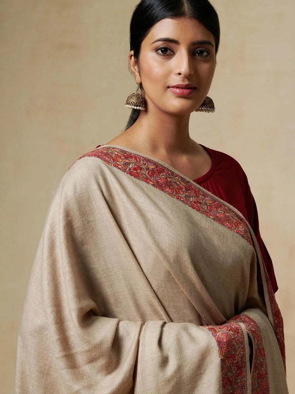 Classic Shawl Wool Blend with Jamawaar Pattern in Beige