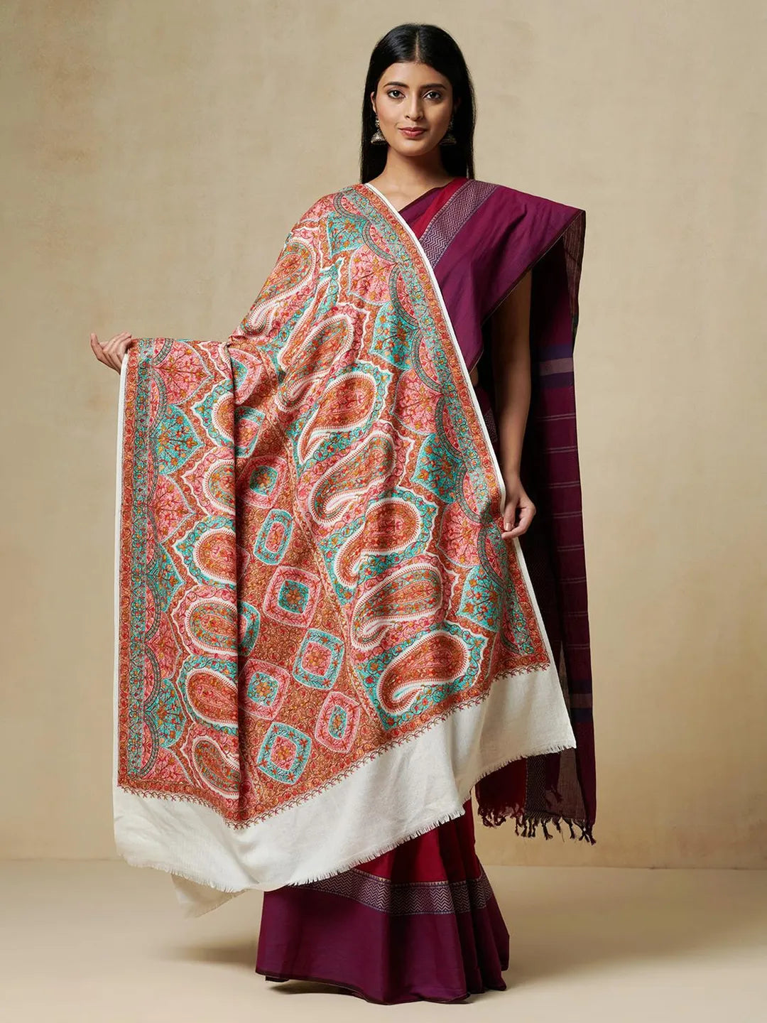 Classic Shawl Wool Blend with Jamawaar Pattern in White