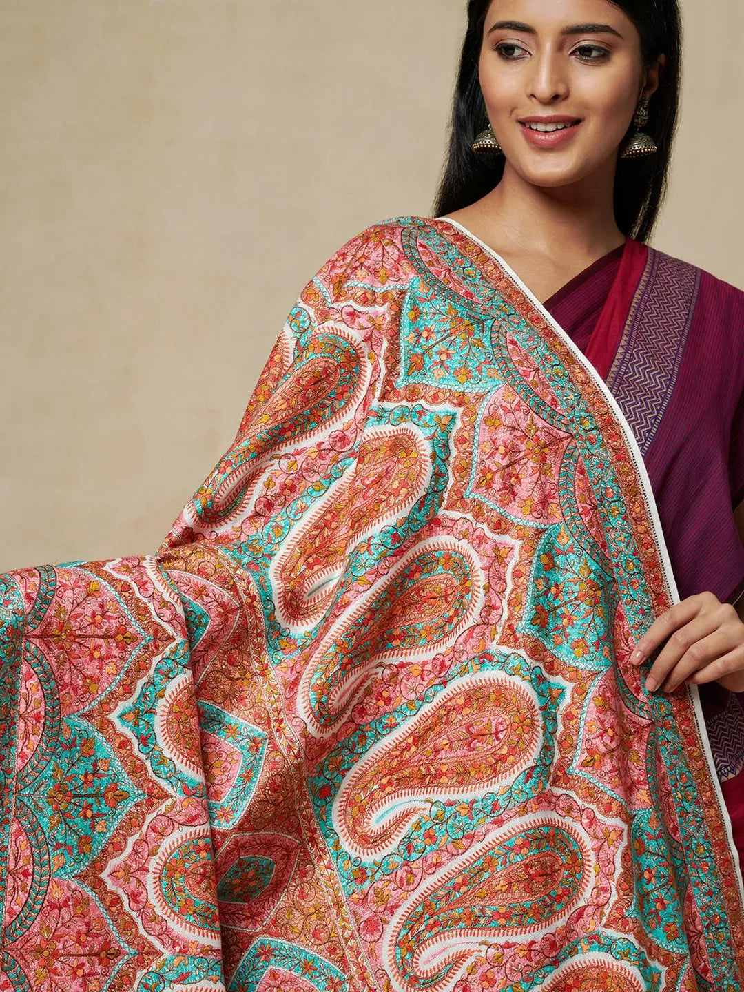 Classic Shawl Wool Blend with Jamawaar Pattern in White