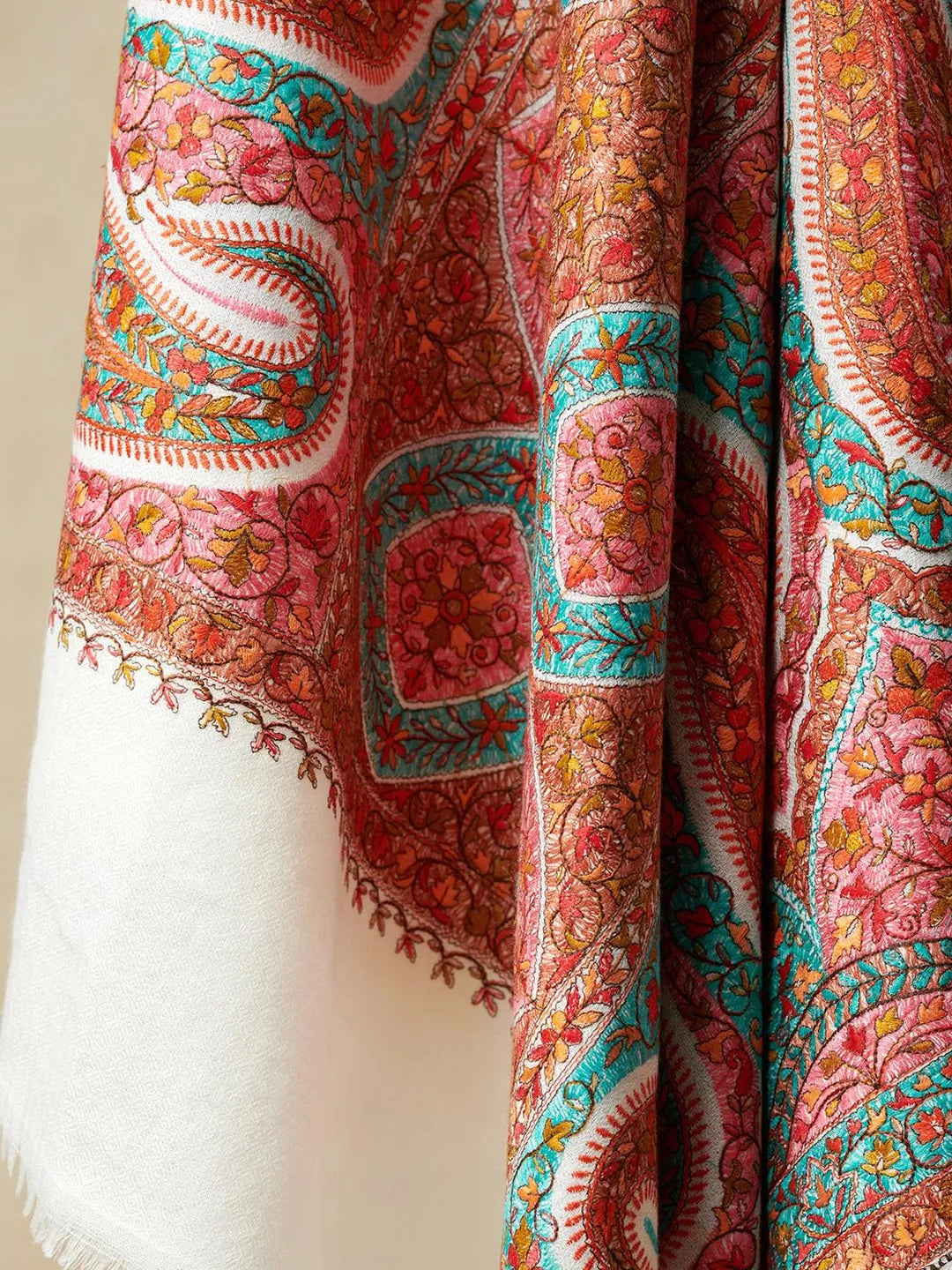 Classic Shawl Wool Blend with Jamawaar Pattern in White