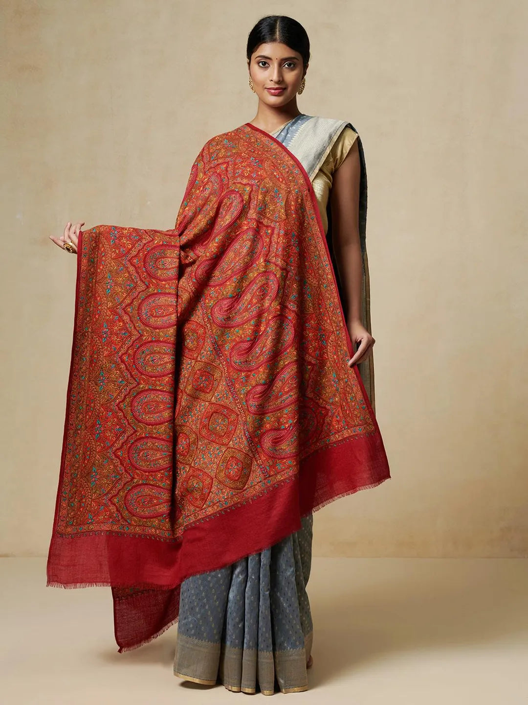 Elegant Shawl Wool Blend with Jamawaar Pattern in Red