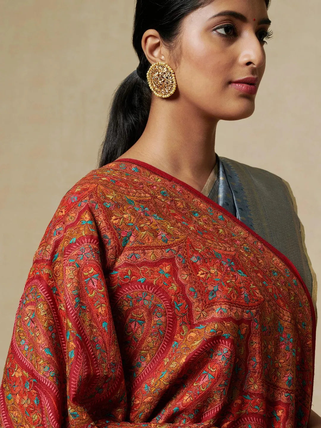 Elegant Shawl Wool Blend with Jamawaar Pattern in Red