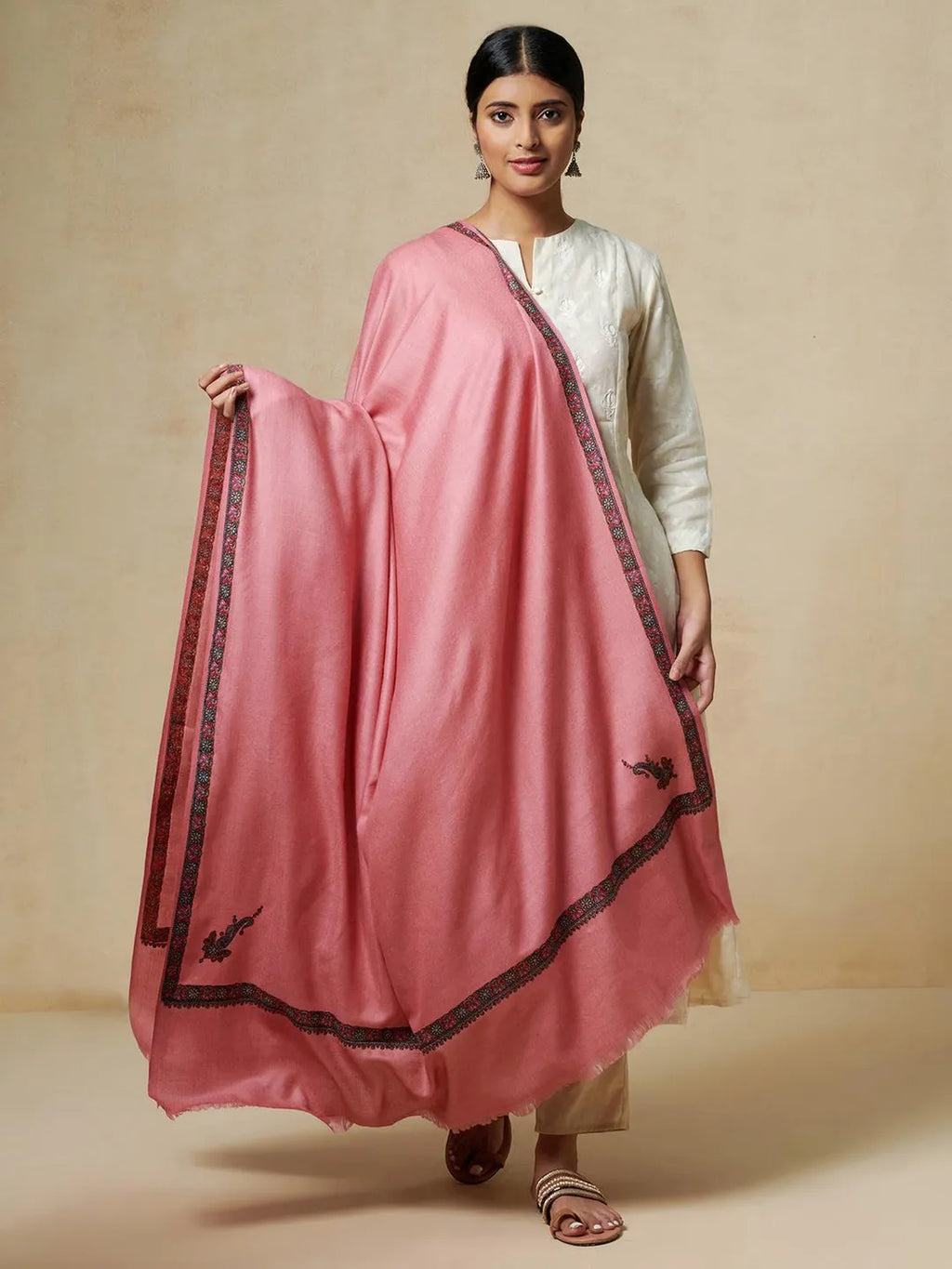 Elegant Shawl Wool Blend with Jamawaar Pattern in Light Pink