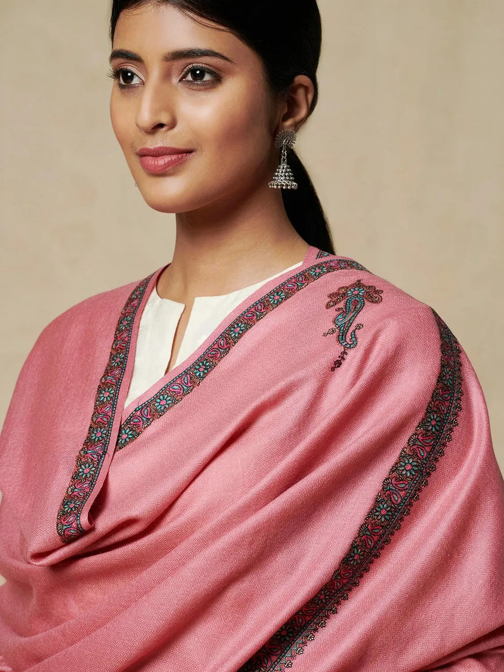 Elegant Shawl Wool Blend with Jamawaar Pattern in Light Pink