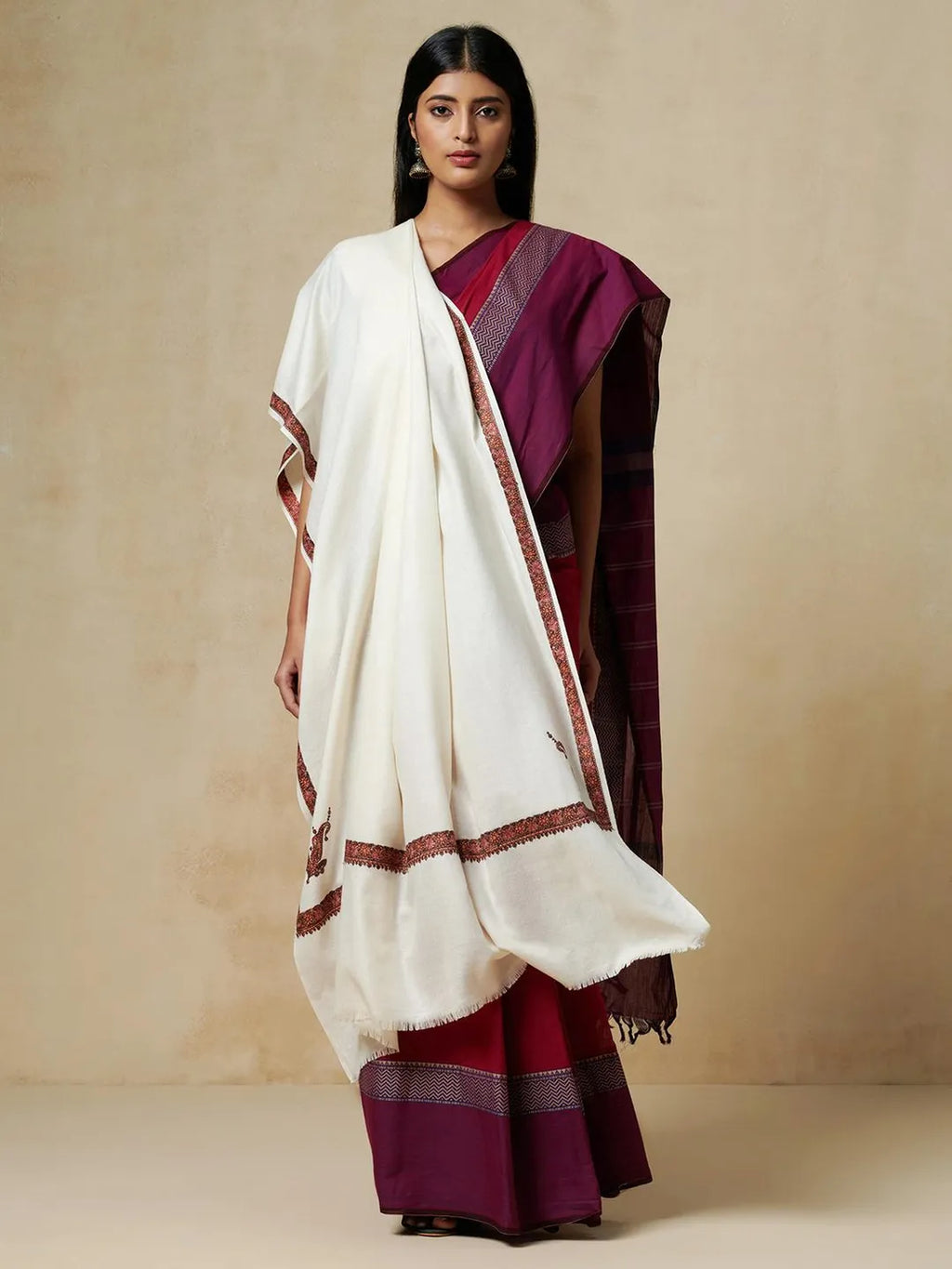 Elegant Shawl Wool Blend with Jamawaar Pattern in White