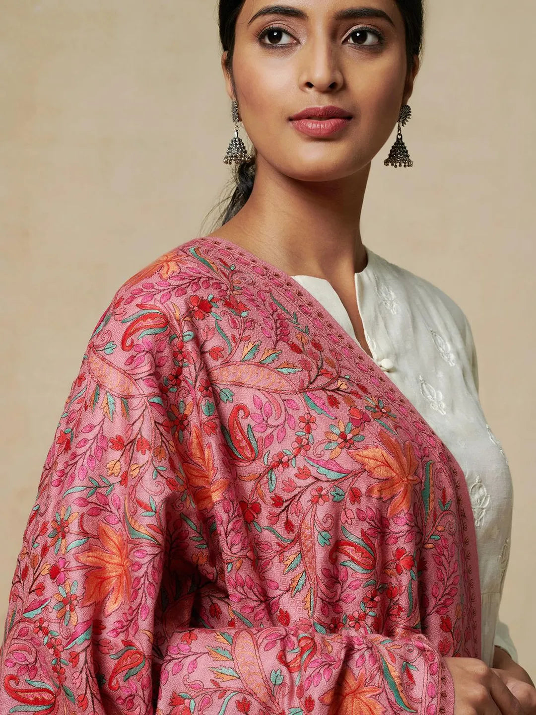 Elegant Shawl Wool Blend with Jamawaar Pattern in Pink