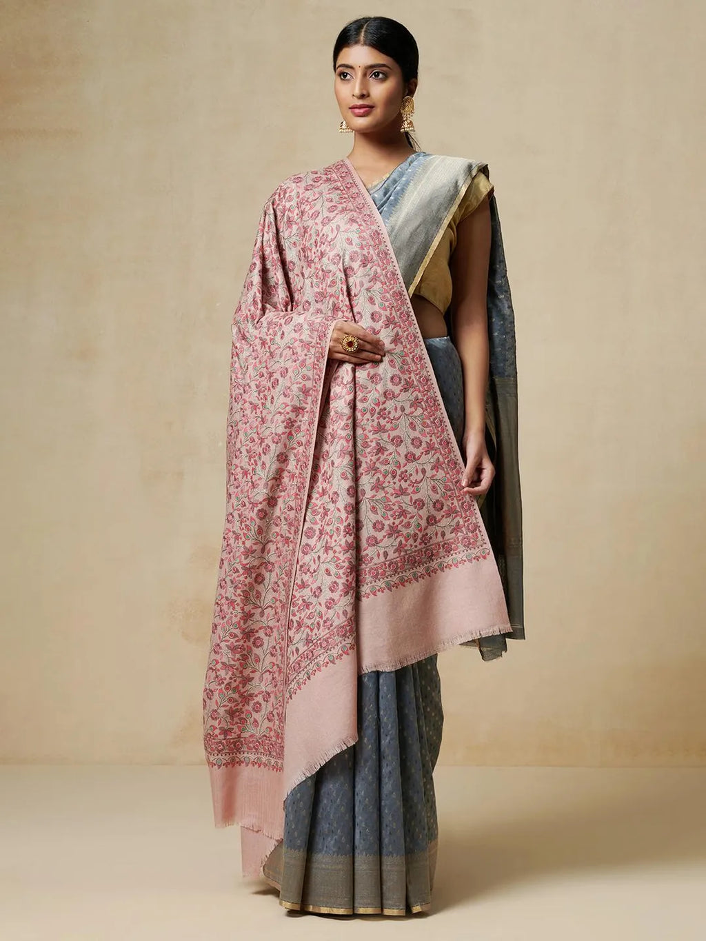 Classic Shawl Wool Blend with Jamawaar Pattern in Peach