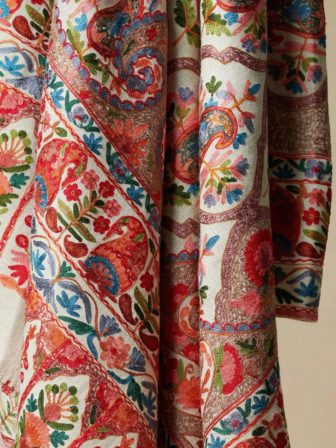 Elegant Shawl Wool Blend with Aari Embroidery Pattern in Beige