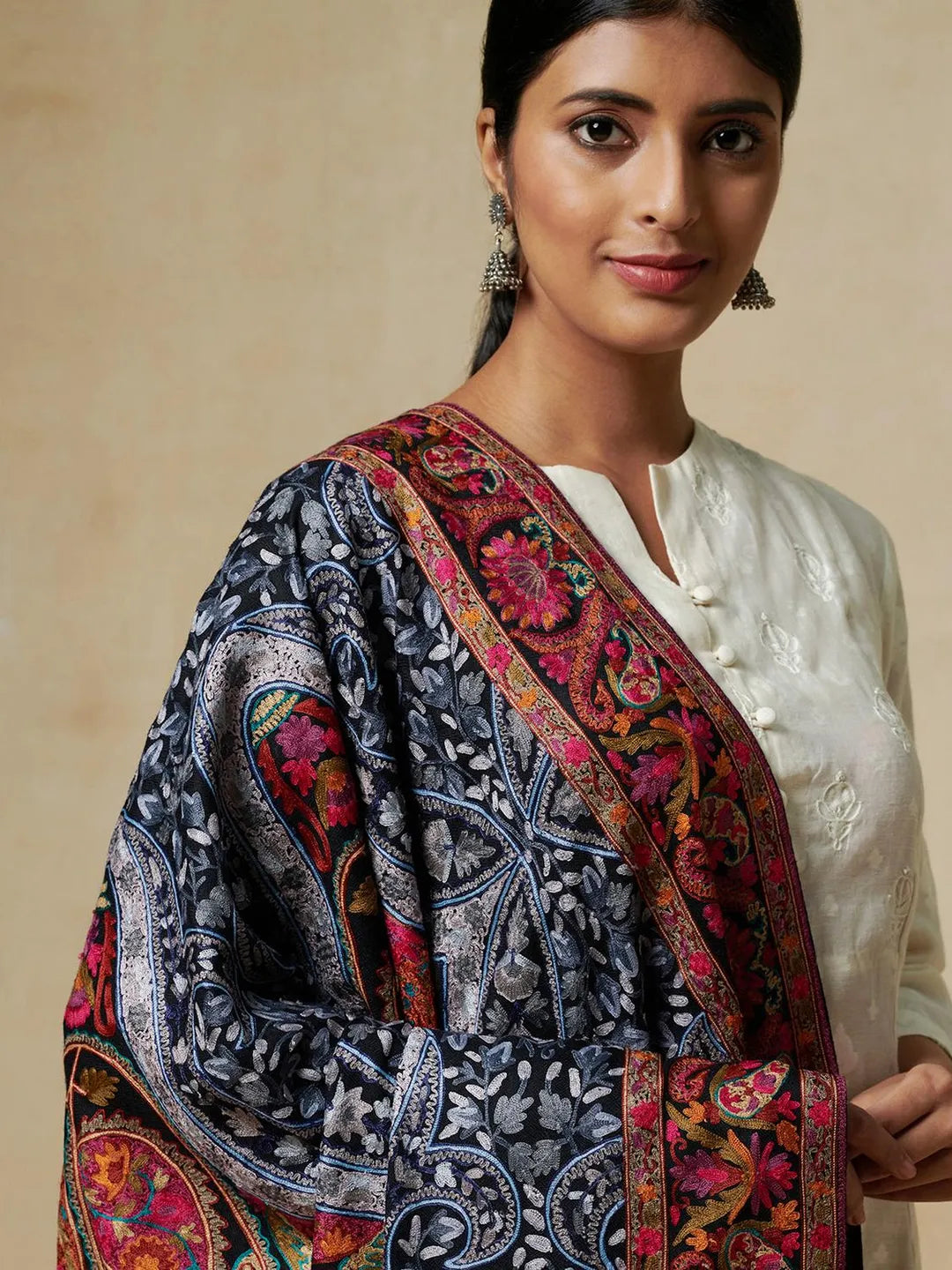 Elegant Shawl Wool Blend with Aari Embroidery Pattern in Black (Multi Colour)