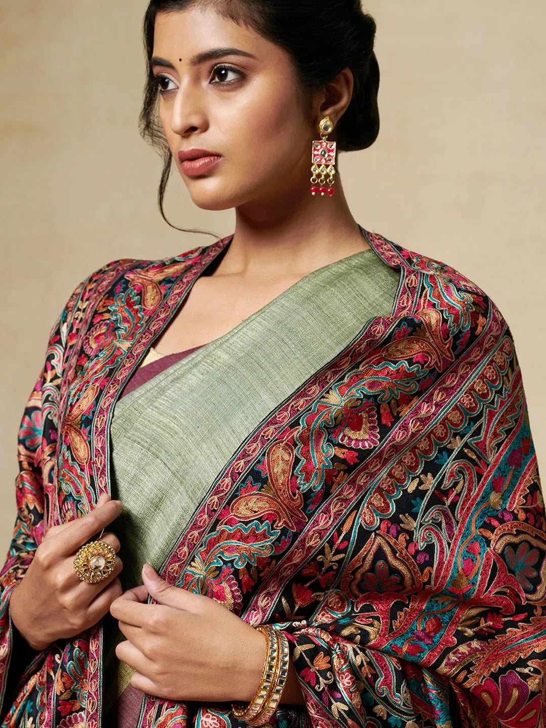 Elegant Shawl Wool Blend with Aari Embroidery Pattern in Multi Colour