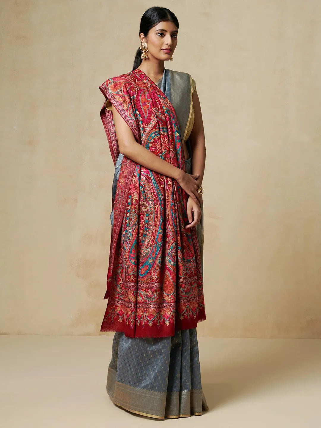 Classic Shawl Wool Blend with Aari Embroidery Pattern in Rich Red