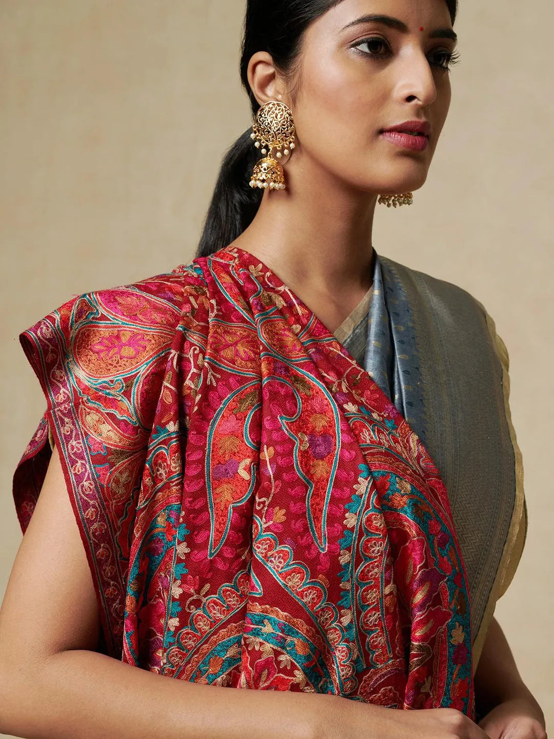 Classic Shawl Wool Blend with Aari Embroidery Pattern in Rich Red
