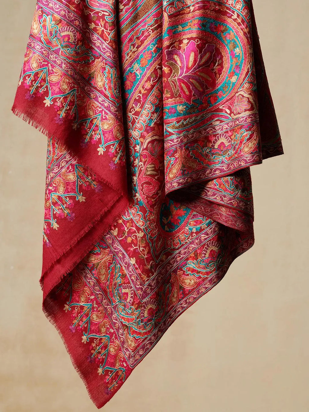 Classic Shawl Wool Blend with Aari Embroidery Pattern in Rich Red