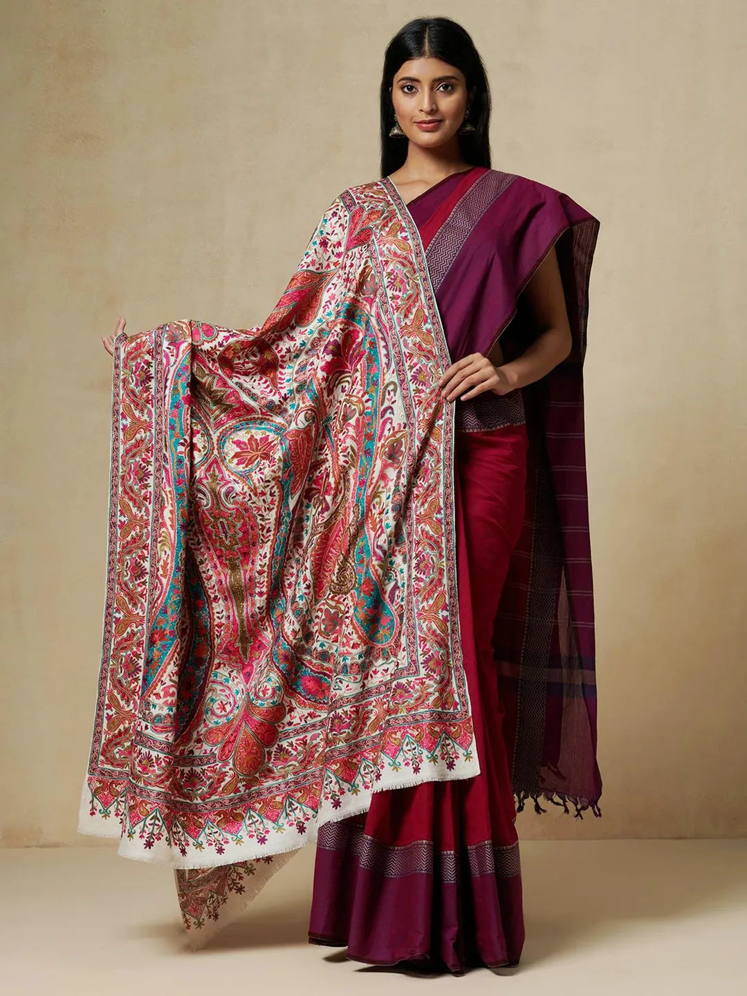 Classic Shawl Wool Blend with Aari Embroidery Pattern in White (Multi)