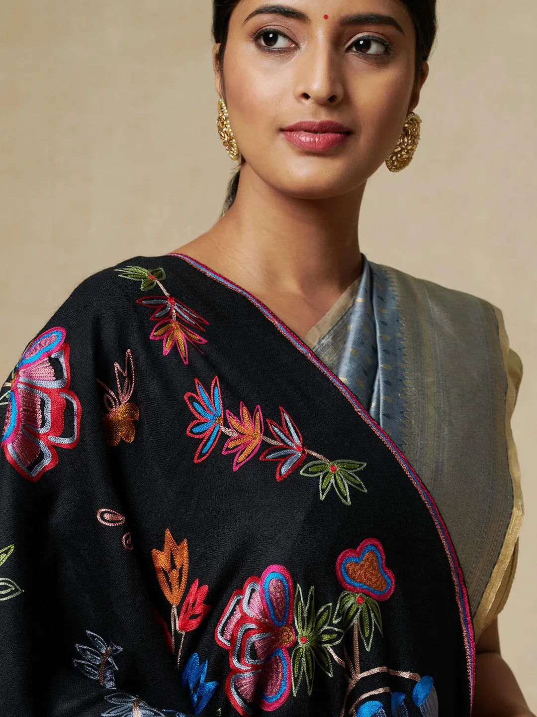 Classic Shawl Wool Blend with Aari Embroidery Pattern in Black