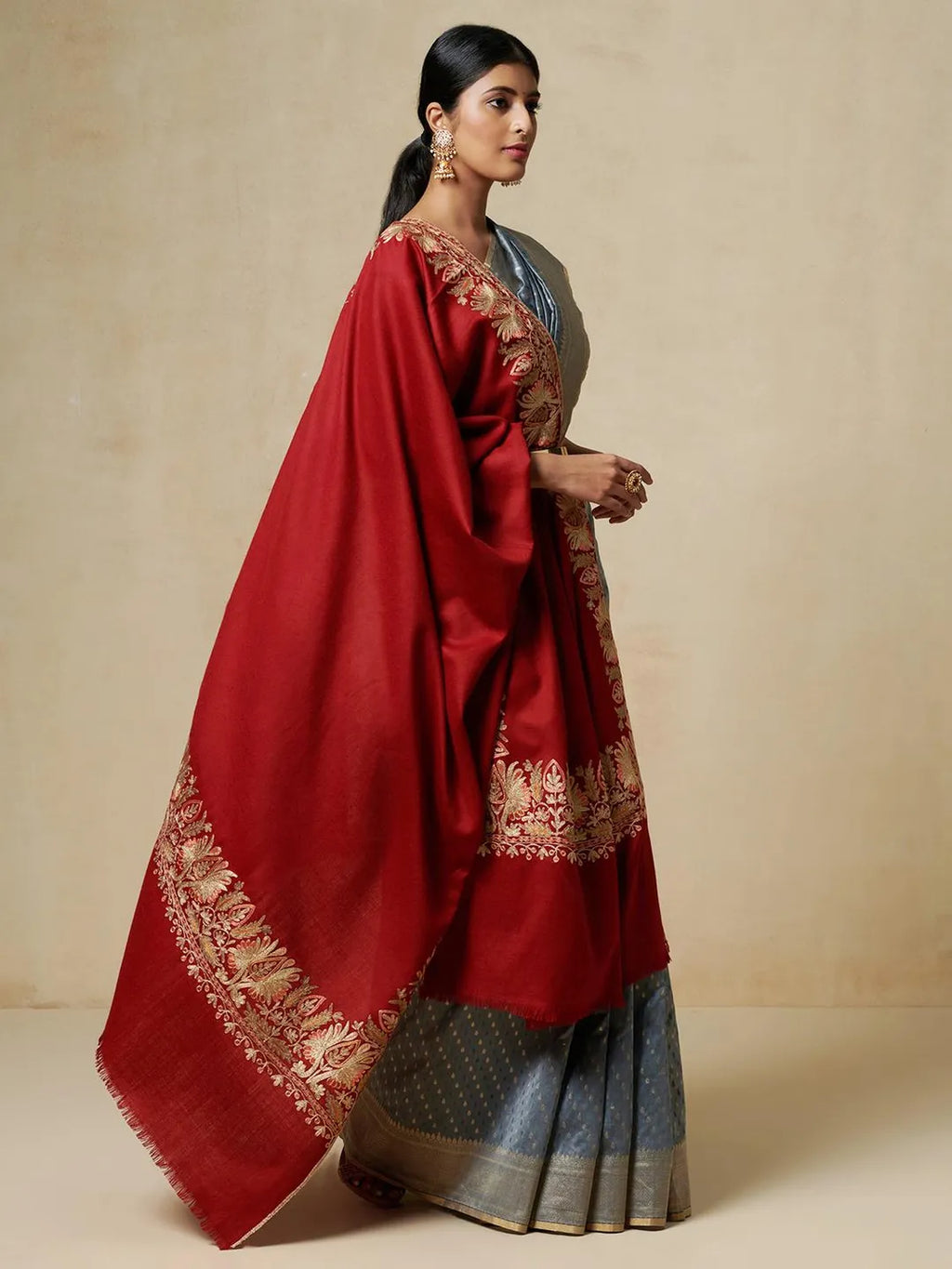 Elegant Shawl Wool Blend with Aari Embroidery Pattern in Ruby Red
