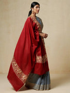 Elegant Shawl Wool Blend with Aari Embroidery Pattern in Ruby Red