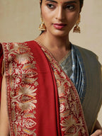 Elegant Shawl Wool Blend with Aari Embroidery Pattern in Ruby Red