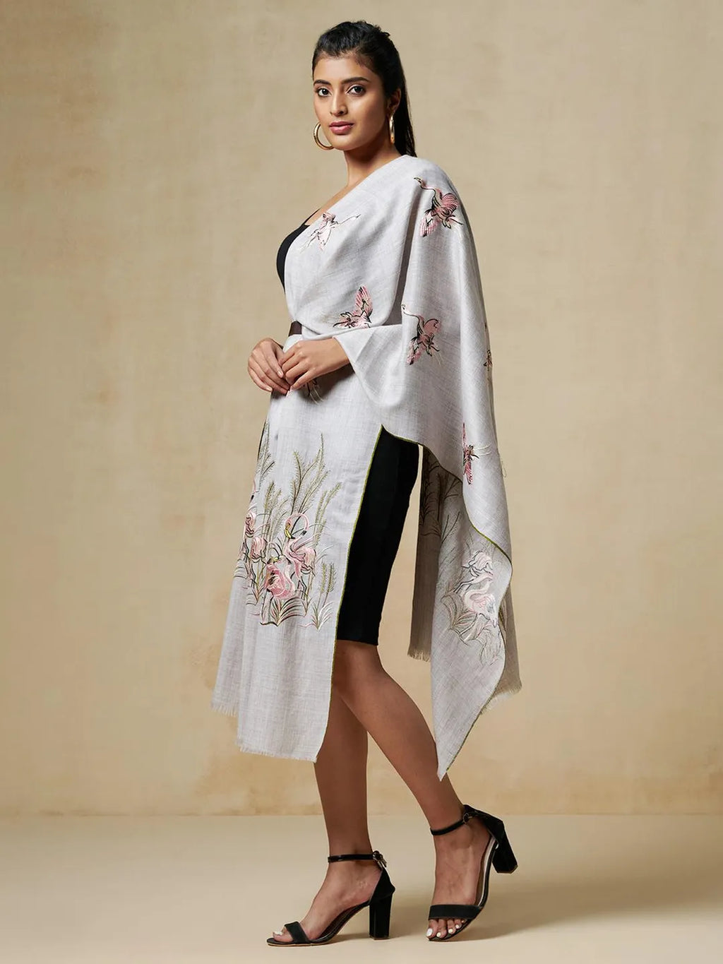 Chic Stole Wool Blend with Aari Embroidery Pattern in White