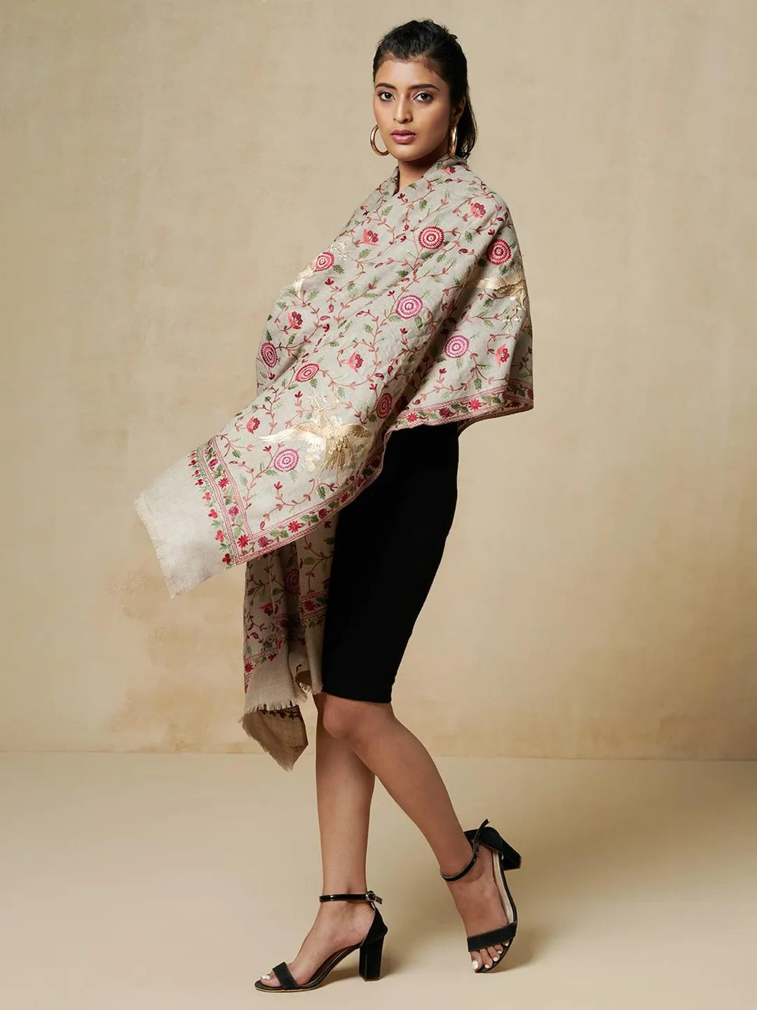 Elegant Stole Wool Blend with Aari Embroidery Pattern in Beige