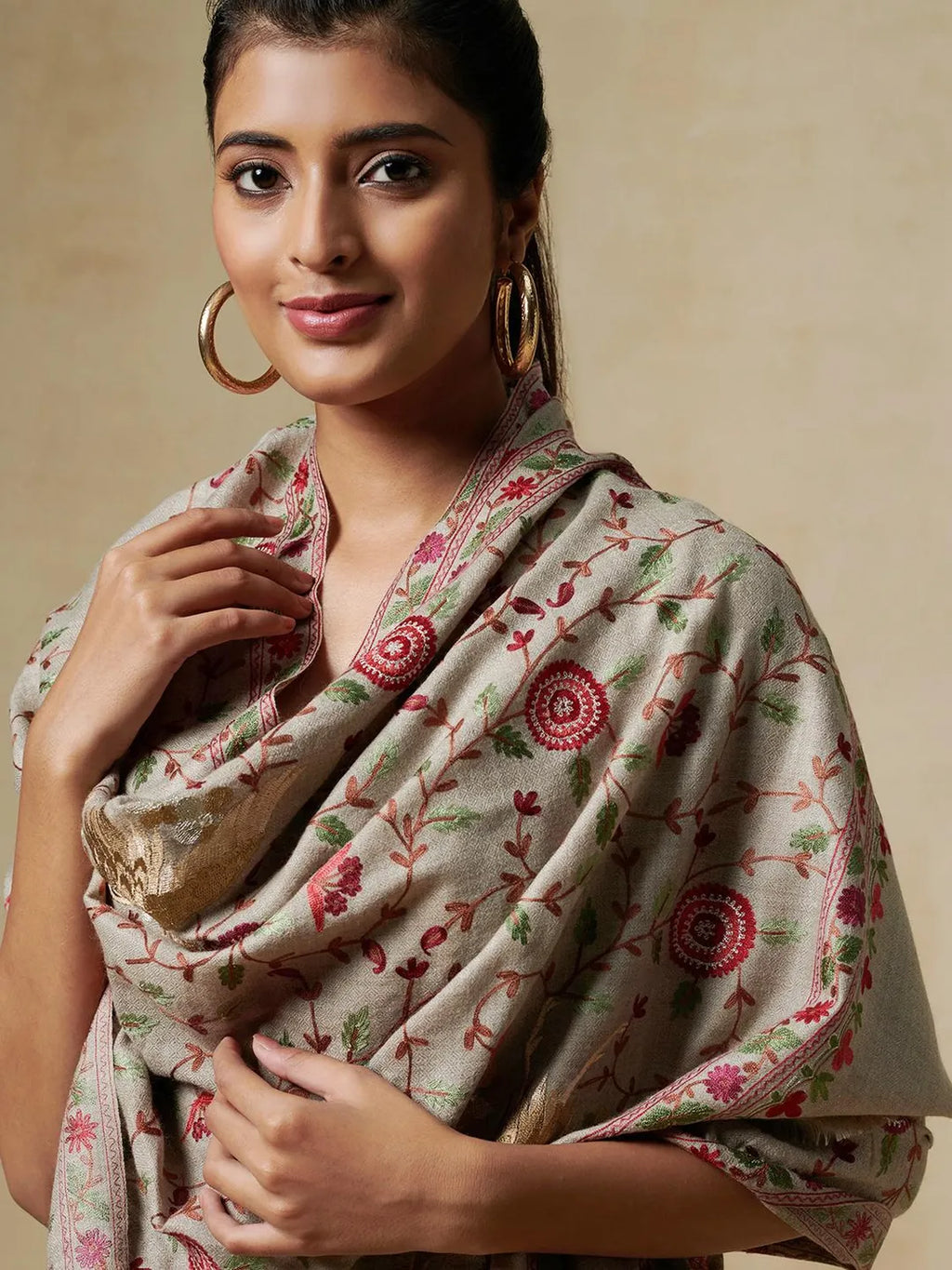 Elegant Stole Wool Blend with Aari Embroidery Pattern in Beige