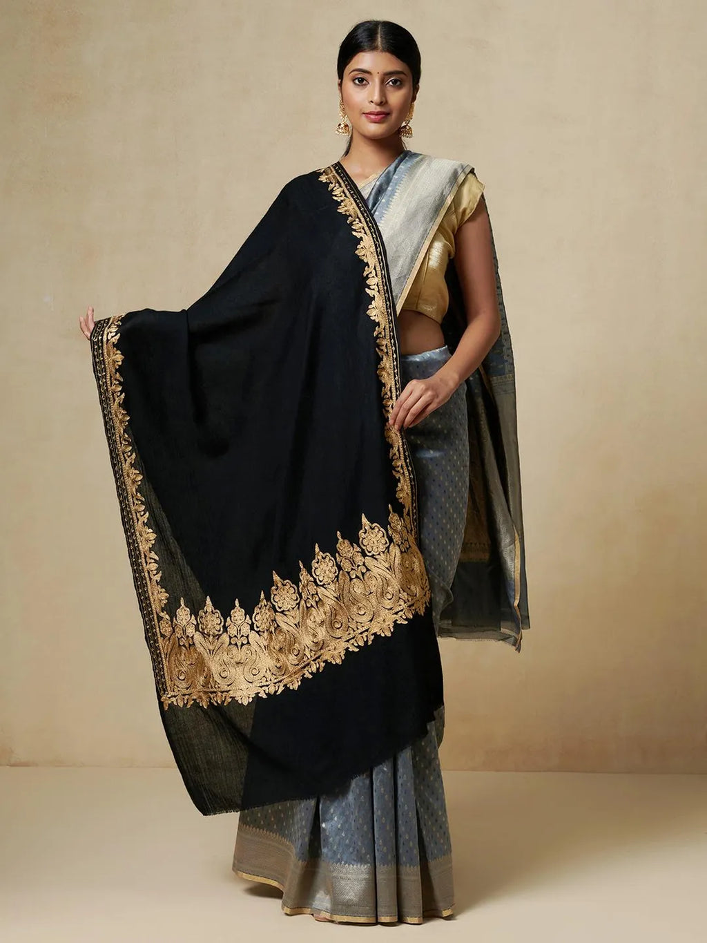 Chic Stole Wool Blend with Aari Embroidery Pattern in Black