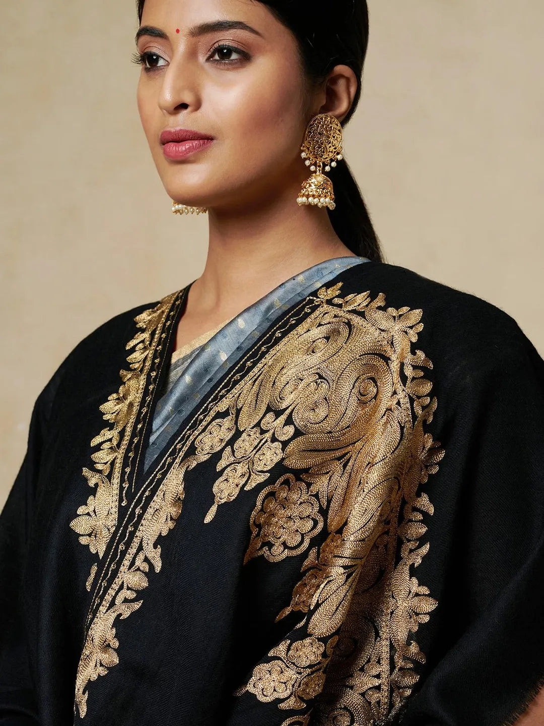 Chic Stole Wool Blend with Aari Embroidery Pattern in Black