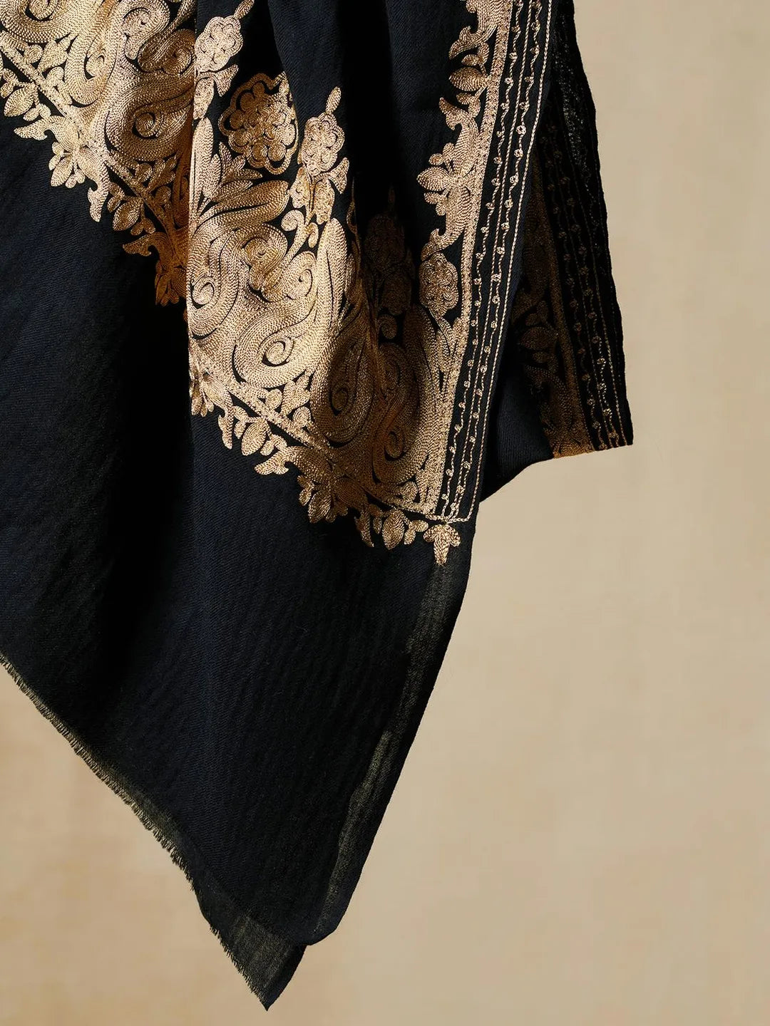 Chic Stole Wool Blend with Aari Embroidery Pattern in Black