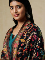 Elegant Stole Wool Blend with Aari Embroidery Pattern in Black