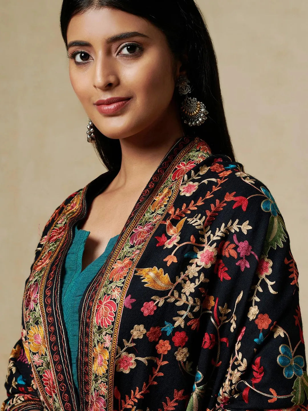 Elegant Stole Wool Blend with Aari Embroidery Pattern in Black