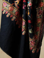 Elegant Stole Wool Blend with Aari Embroidery Pattern in Black