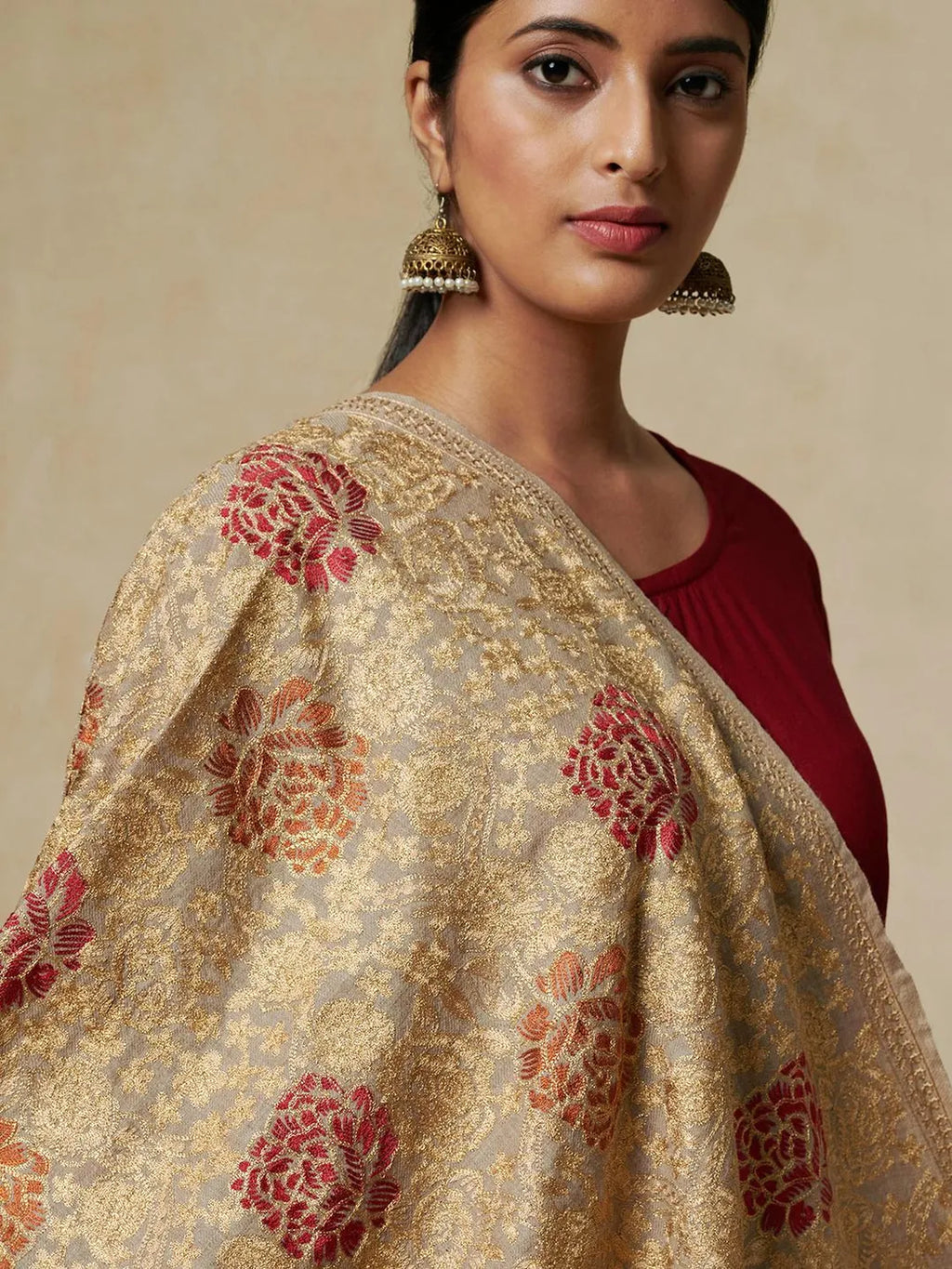 Elegant Stole Wool Blend with Aari Embroidery Pattern in Light Gold