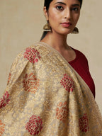 Elegant Stole Wool Blend with Aari Embroidery Pattern in Light Gold