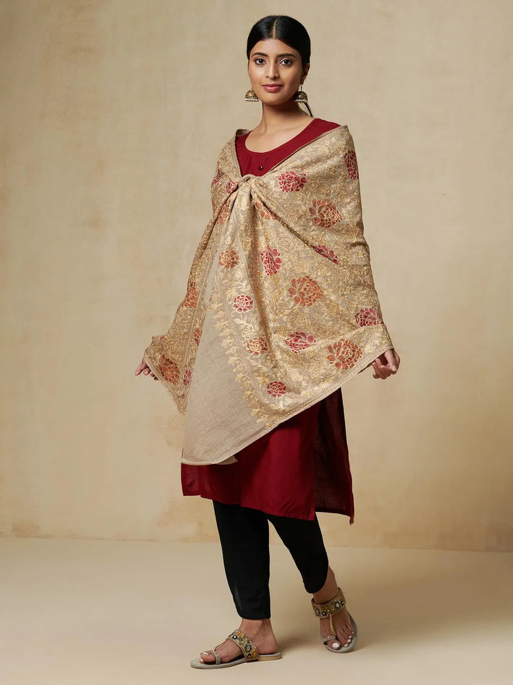 Elegant Stole Wool Blend with Aari Embroidery Pattern in Light Gold