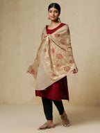 Elegant Stole Wool Blend with Aari Embroidery Pattern in Light Gold