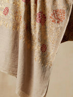 Elegant Stole Wool Blend with Aari Embroidery Pattern in Light Gold