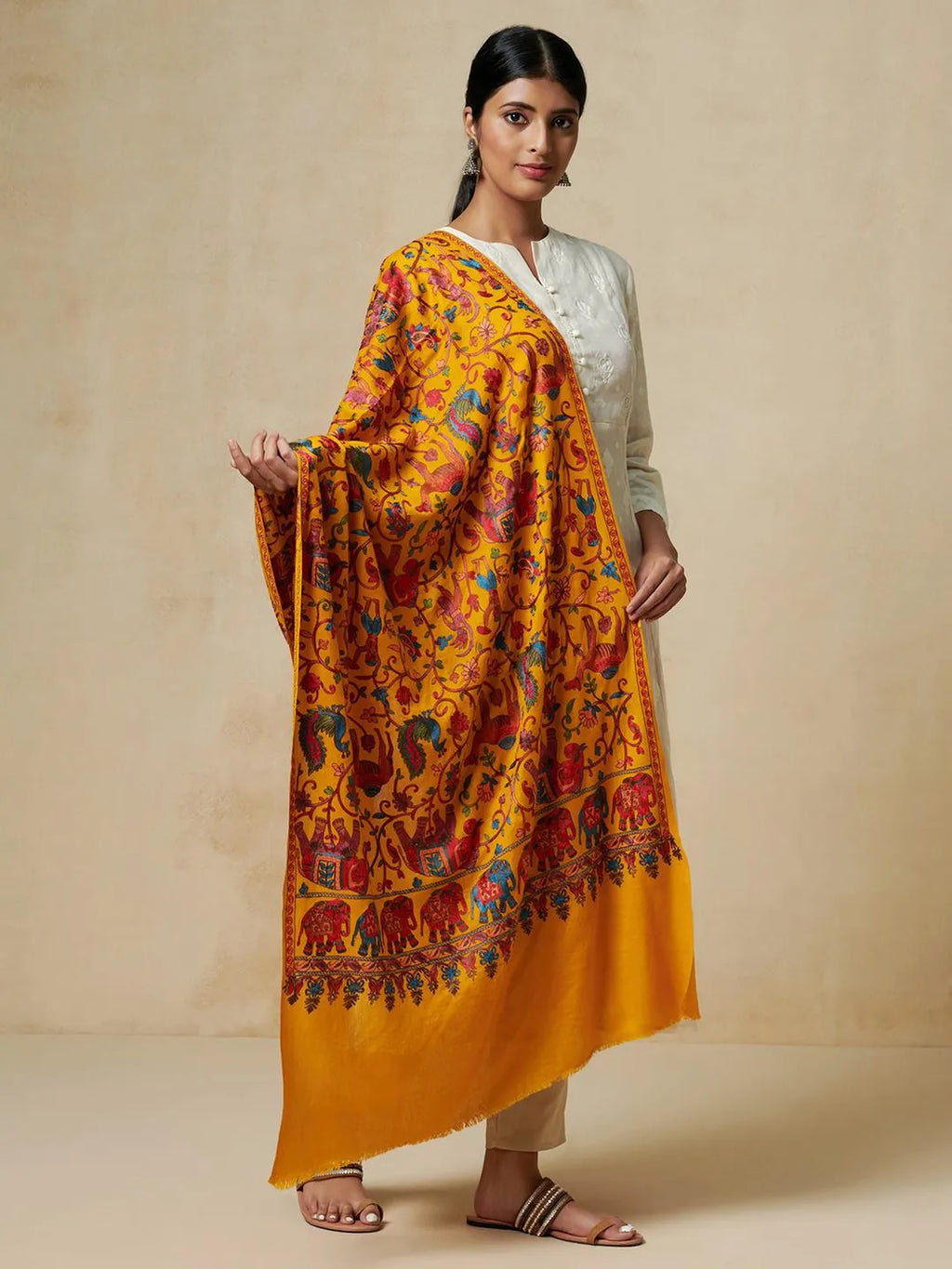 Chic Stole Wool Blend with Aari Embroidery Pattern in Mustard Yellow