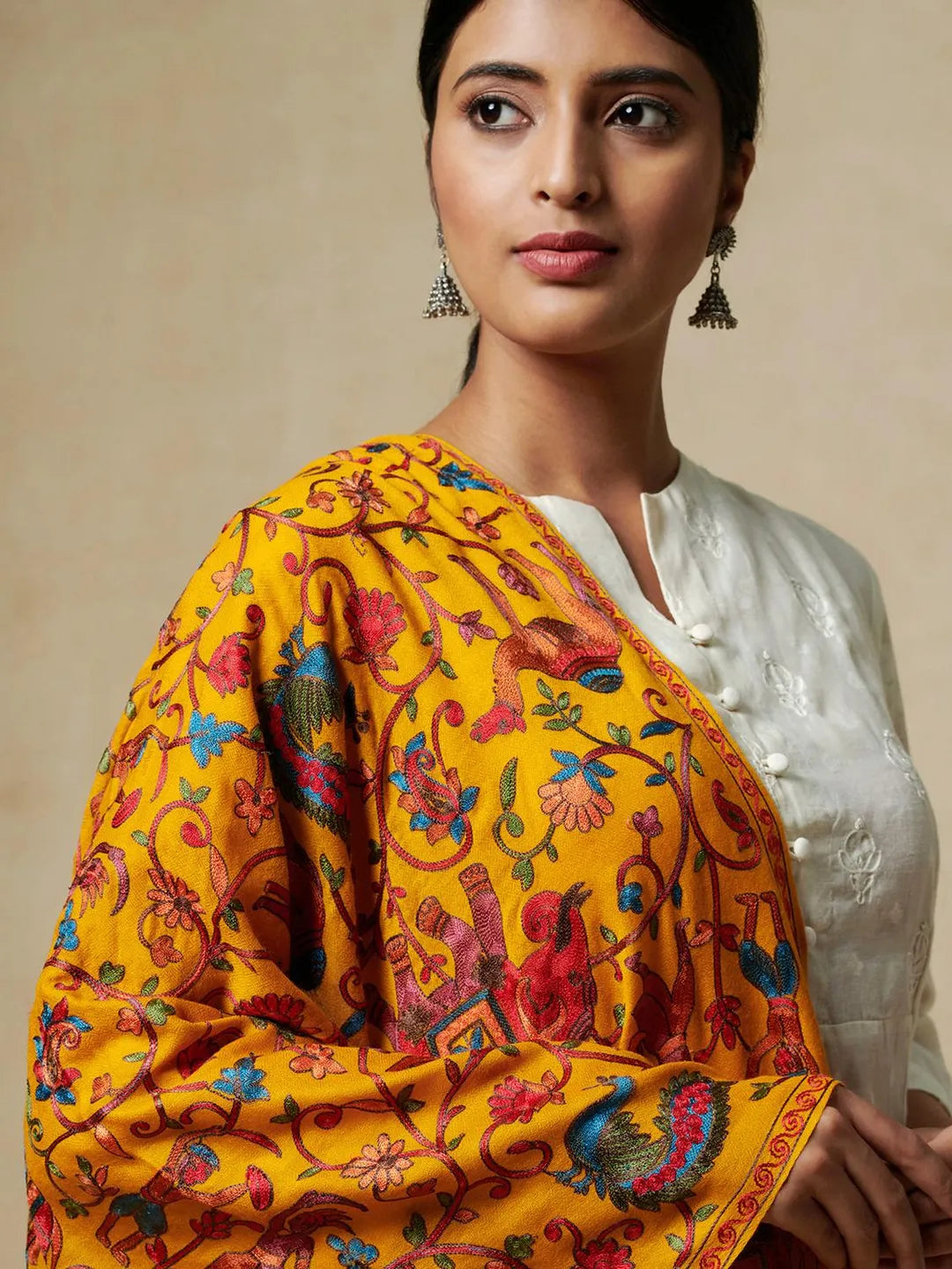 Chic Stole Wool Blend with Aari Embroidery Pattern in Mustard Yellow